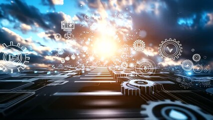 Wall Mural - road to growth with gears and icons of productivity
