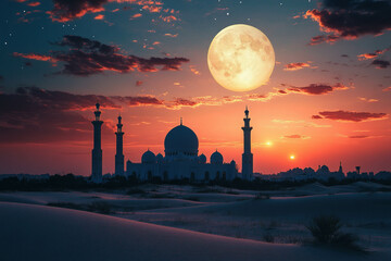 Wall Mural - A Landscape Of Sand Dunes With A Silhouette Of A Mosque Against The Sunset During Ramadan