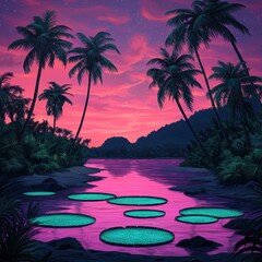 Canvas Print - Serene Tropical Landscape with Palm Trees and Colorful Sunset Reflection