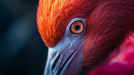 Wall Mural - Close up of a flamingo's face with a red beak and orange feathers. The bird's eyes are open and staring at the camera