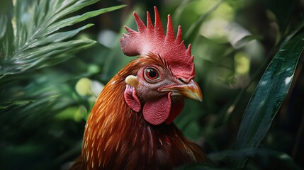 Wall Mural - Rooster with a red head is standing in a lush green forest. Concept of warmth and natural beauty, as the rooster blends in with its surroundings