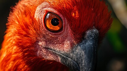 Wall Mural - Close up of a bird's face with a red beak and orange eyes. The bird's eyes are open and staring at the camera