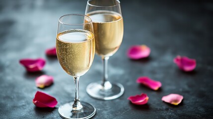 Wall Mural - Romantic Celebration Two Champagne Glasses Garnished with Rose Petals on a Textured Background