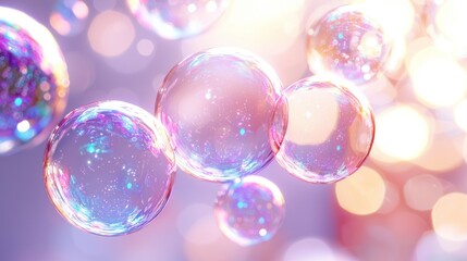 Poster - Floating iridescent soap bubbles on a pastel background.