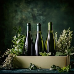 Sticker - Green bottles surrounded by fresh mint in natural setting with textured background