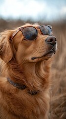 Canvas Print - Golden retriever wearing sunglasses enjoys sunset in a field