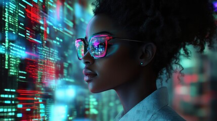 Woman programmer looking at digital code on screen.