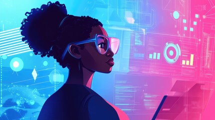 Woman programmer working with futuristic technology.