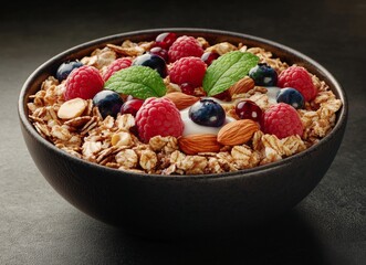 Poster - Delicious bowl of granola topped with fresh berries and mint