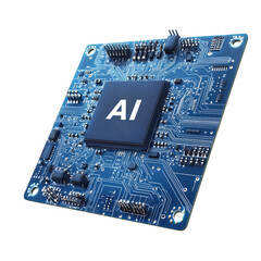 blue circuit board with an ai chip prominently displayed in the center the intricate design includes