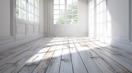 Wall Mural - Modern Hardwood Flooring in Sunlit White Room Interior