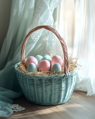 Wall Mural - Colorful Eggs in a Pastel Basket Placed Near a Window, Creating a Serene and Cheerful Atmosphere for Spring Celebrations