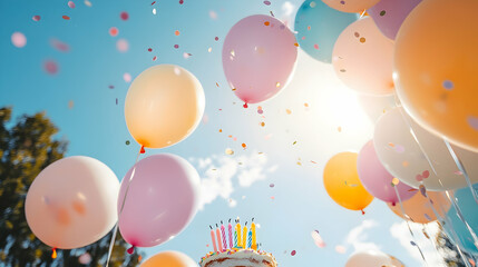 Wall Mural - Outdoor birthday party with pastel balloons, cake candles and confetti sparkling in the bright sunlight