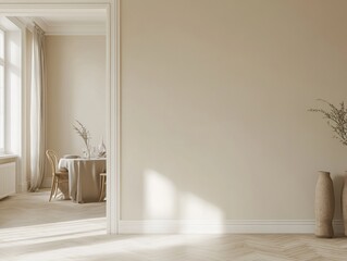 Wall Mural - A white room with a vase on the floor and a table with a tablecloth. There is a window in the room