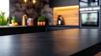 Wall Mural - Modern kitchen interior with dark countertop and plants. Generative AI