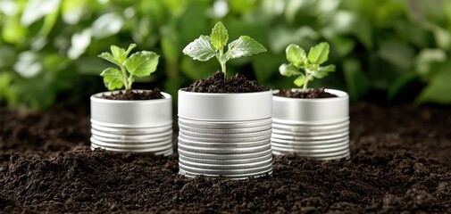 Wall Mural - Plant Growth in Recycled Cans with Lush Green Background