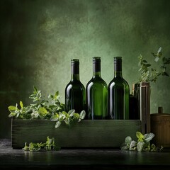 Sticker - Green bottles surrounded by fresh mint in natural setting with textured background