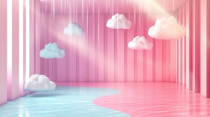 Wall Mural - pastel pink room with floating clouds and water.