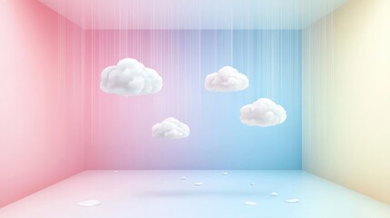 Pastel room with floating clouds and light rays. (1)