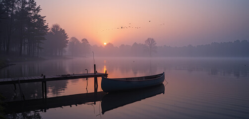 Wall Mural - The early morning sun rises slowly over the lake, casting soft hues of orange and pink. A solitary boat is moored at the dock, surrounded by a serene mist