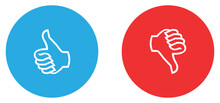 Thumb up and thumb down, like and dislike vector icon set in blue and red circle. Like and dislike icons buttons. Flat design. Vector illustration.