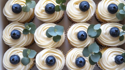 Wall Mural - Delicious blueberry cupcakes with frosting and decorative leaves in a baking tray