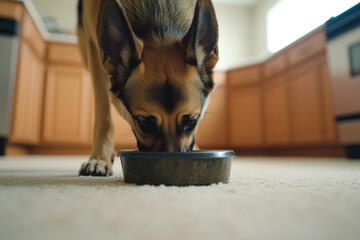 Pet food. Dog eating from bowl. German shepherd. Inside the house

