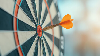 Close-up of a dart hitting the bullseye on a dartboard, symbolizing precision and success.