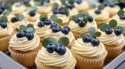 Wall Mural - Delicious blueberry cupcakes with frosting and decorative leaves in a baking tray