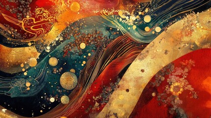 Poster - Vibrant abstract design featuring Feng Shui elements like water, earth, and wood, blended with harmonious red and gold tones.