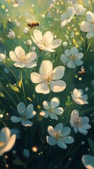 Wall Mural - white flowers bloom in a lush green field during late spring morning