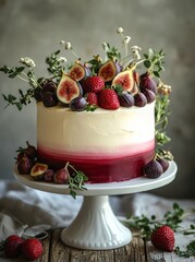 Wall Mural - Delicious layered cake with figs and raspberries on a wooden table in natural light