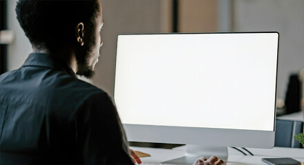 Shoulder to back view. young man using computer at workplace close up view of white screen. mock up banner for website header design with copy space for text