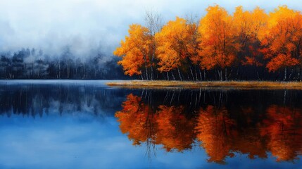 Wall Mural - A painting of a lake with trees and a sky in the background