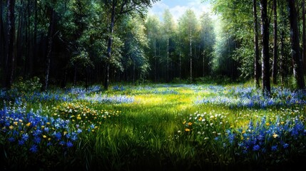 Wall Mural - A painting of a forest with a field of flowers in the foreground