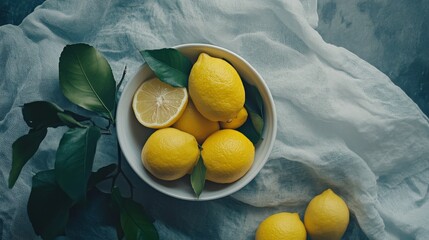 Sticker - Fresh yellow lemons arranged in a decorative bowl with green leaves on a textured surface