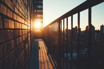 Wall Mural - Captivating sunset view from a high-rise balcony, showcasing a city skyline with warm sunlight and long shadows.