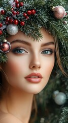 Wall Mural - Festive holiday beauty portrait with evergreen branches adorned with silver and rose gold ornaments, red berries framing striking blue eyes and natural makeup look