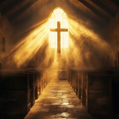 Poster - Sunlight beams through a church window, casting a warm glow on wooden pews and a cross, creating a serene and spiritual ambiance.