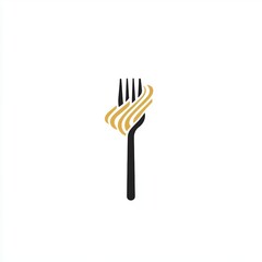 Wall Mural - A minimalist logo design featuring a black fork with stylized golden spaghetti strands elegantly wrapped around its tines on a clean white background