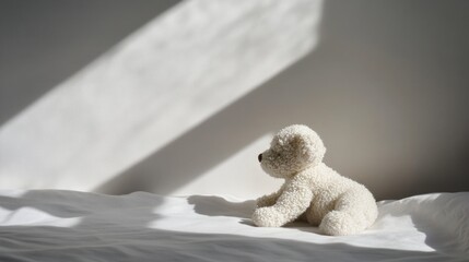 Poster - A fluffy white teddy bear sits on a sunlit bed, casting soft shadows, creating a cozy and serene atmosphere in a minimalist bedroom.