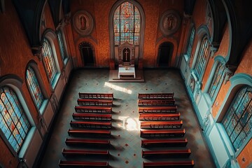 Poster - Aerial view of a church interior featuring stained glass windows, wooden pews, and warm lighting creating a serene atmosphere.