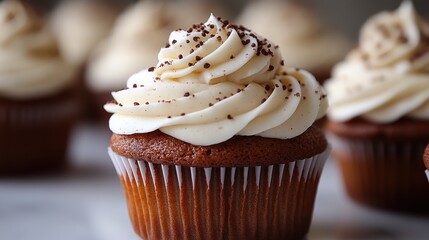 Close-up of a delicious cupcake with creamy frosting and chocolate sprinkles.