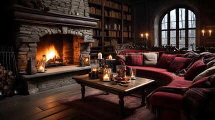 Wall Mural - A cozy living room with a fireplace and a red couch. The room is filled with books and candles, creating a warm and inviting atmosphere