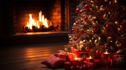 Wall Mural - A Christmas tree with red and gold ornaments sits in front of a fireplace. The tree is lit up with lights and candles, creating a warm and cozy atmosphere