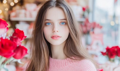 Wall Mural - A young woman with blue eyes surrounded by roses in a soft setting.