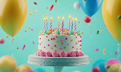 Wall Mural - Birthday cake with pink frosting and colorful balloons