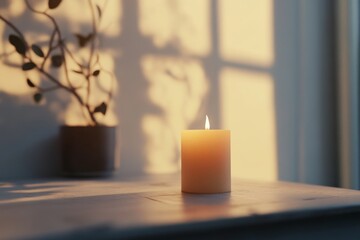 Sticker - A candle is lit on a table next to a potted plant. The candle is yellow and has a small flame