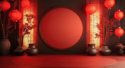 Wall Mural - A large red circular frame on a black wall, surrounded by Chinese lanterns, vases, and red decorations, with subtle gradient lighting effects. Ideal for Chinese New Year promotions, product displays