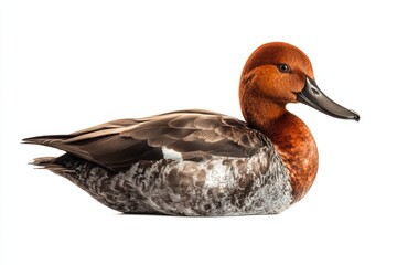 Close-up image of a redhead duck showcasing its colorful feathers and elegant posture against a plain white backdrop.